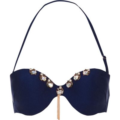 Navy blue embellished balconette bikini top